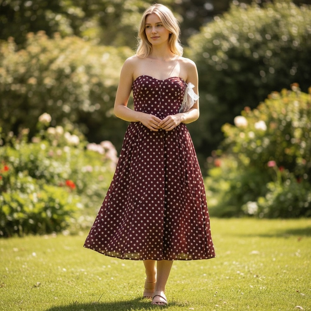 NEW Kirious Women's Brown Polka Dot Strapless Midi Dress 90s Pretty Woman